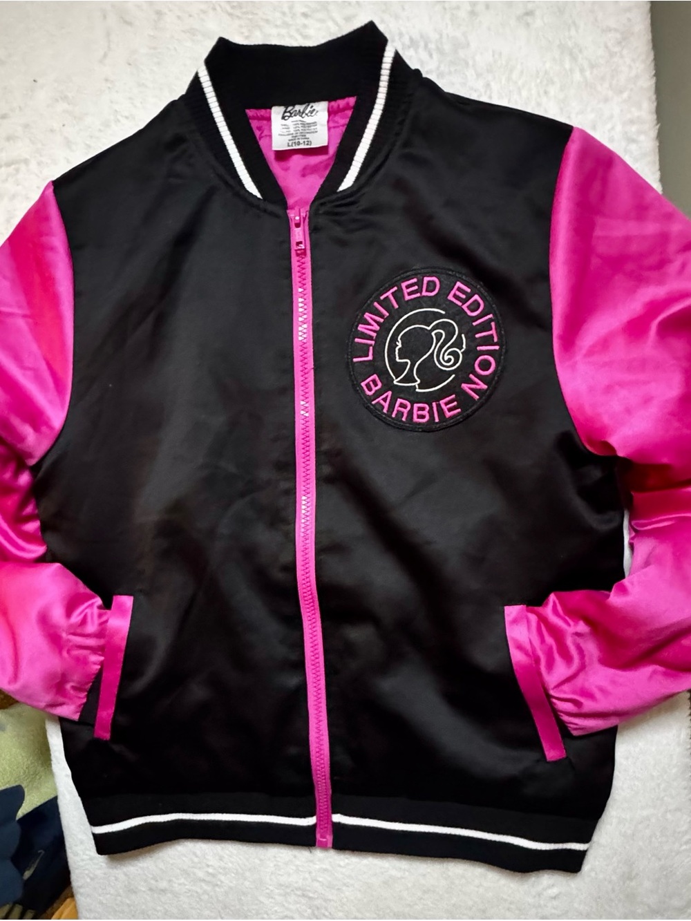 Barbie Black and Hot Pink Limited Edition Varsity Jacket (size girls 10-12)